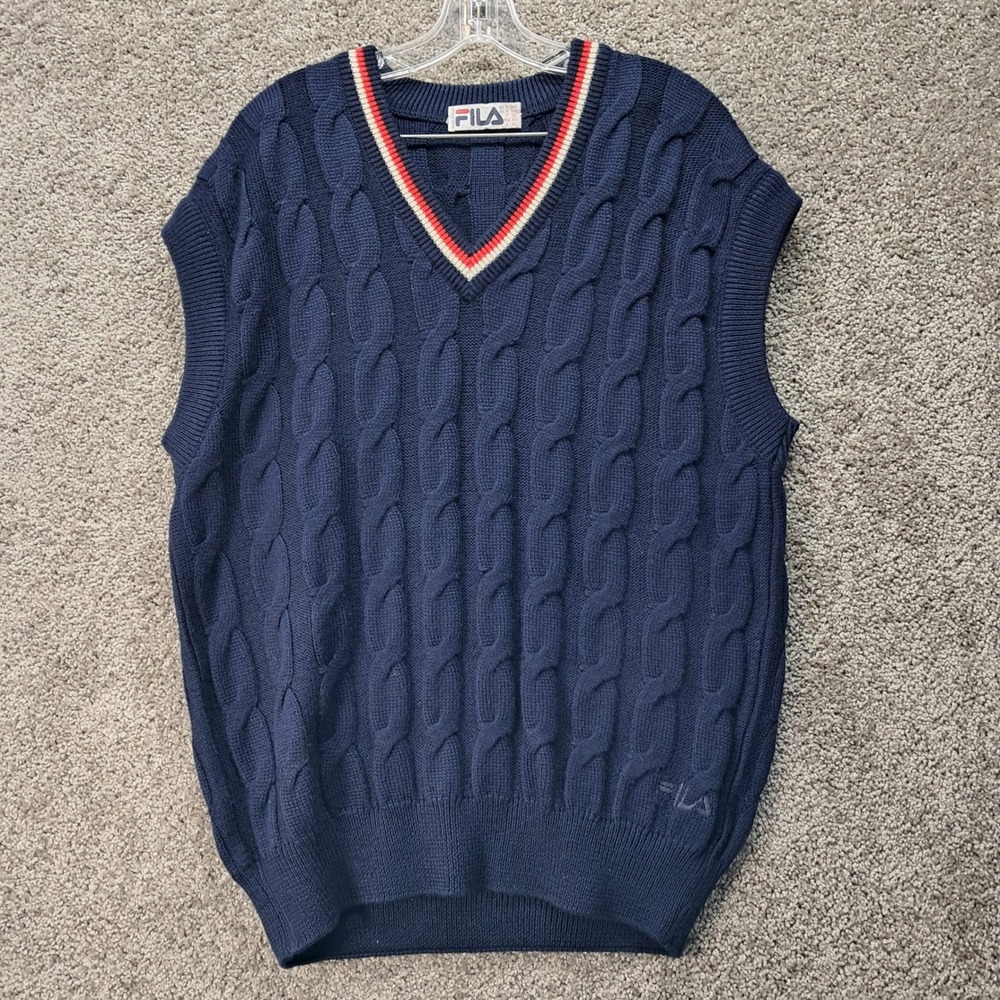 Vintage Fila Mens Navy Blue Pure Virgin Wool Cable Knit V-Neck Sweater Vest XL